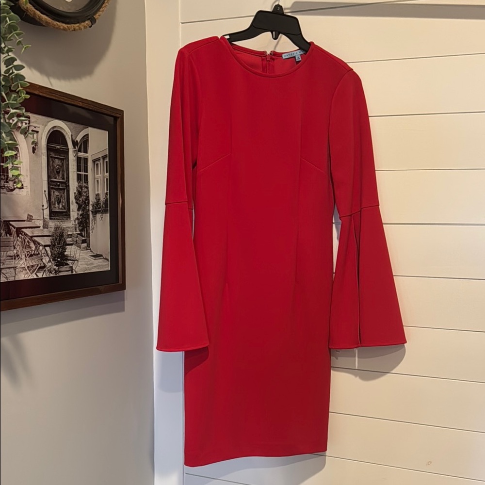 ANTONIO MELANI Red Sheath Dress with Long Bell Sleeves